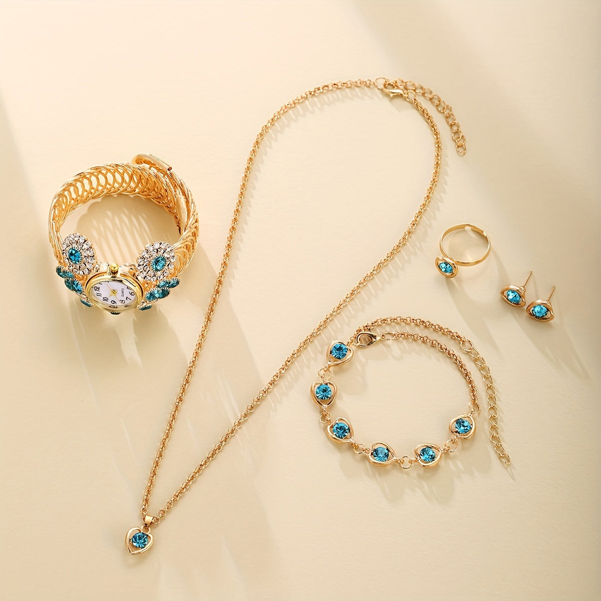 Women’s Rhinestone Quartz Watch Set with Jewelry Bracelet and Cuff in Boho Style