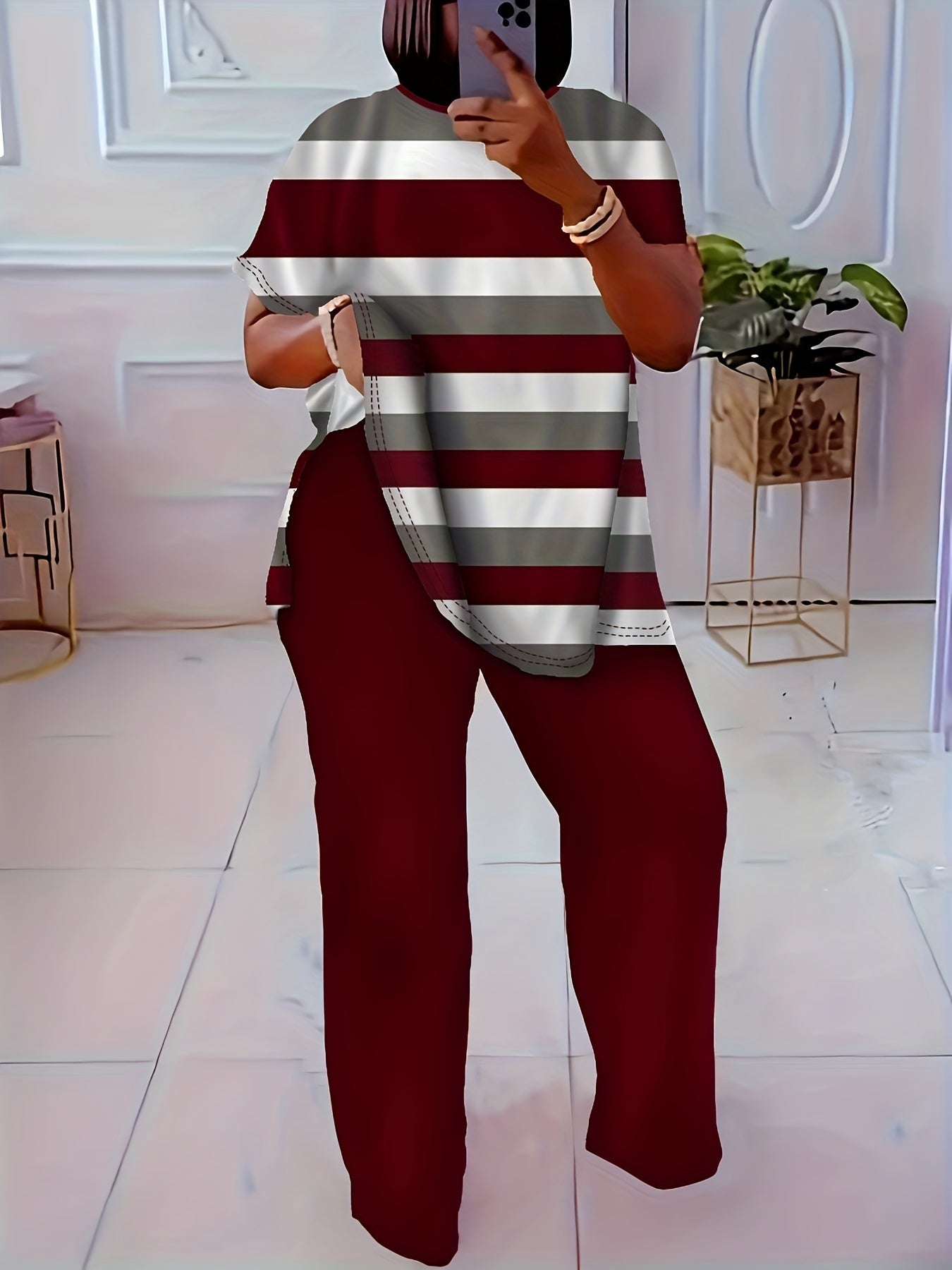 Plus Size Striped Co-ord Set Polyester Knit Crew Neck Straight Leg Casual
