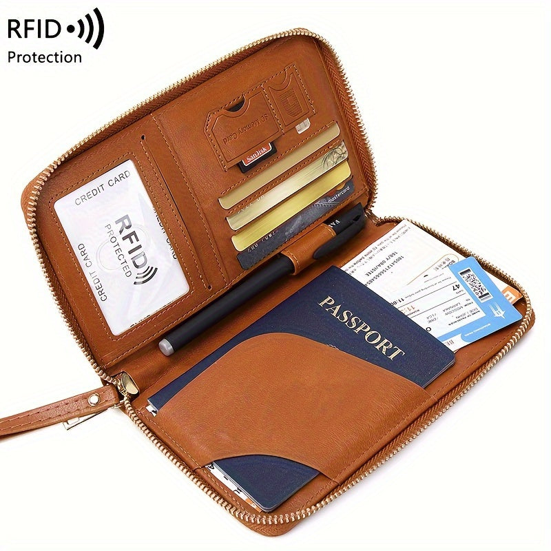 Brown RFID Blocking Travel Wallet with Zipper Closure and Wrist Strap for Passports and Cards