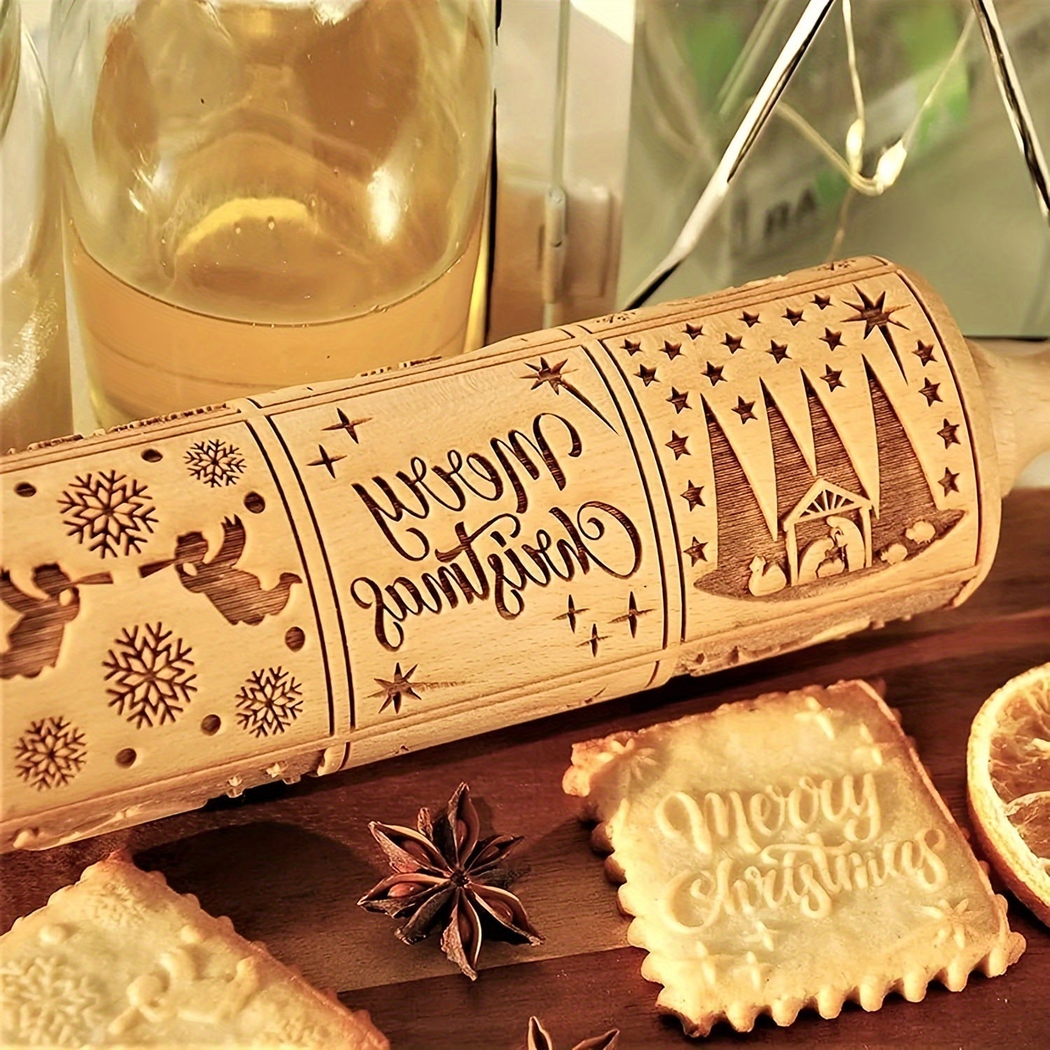 Wooden Embossing Rolling Pin for Christmas Cookies and Holiday Baking