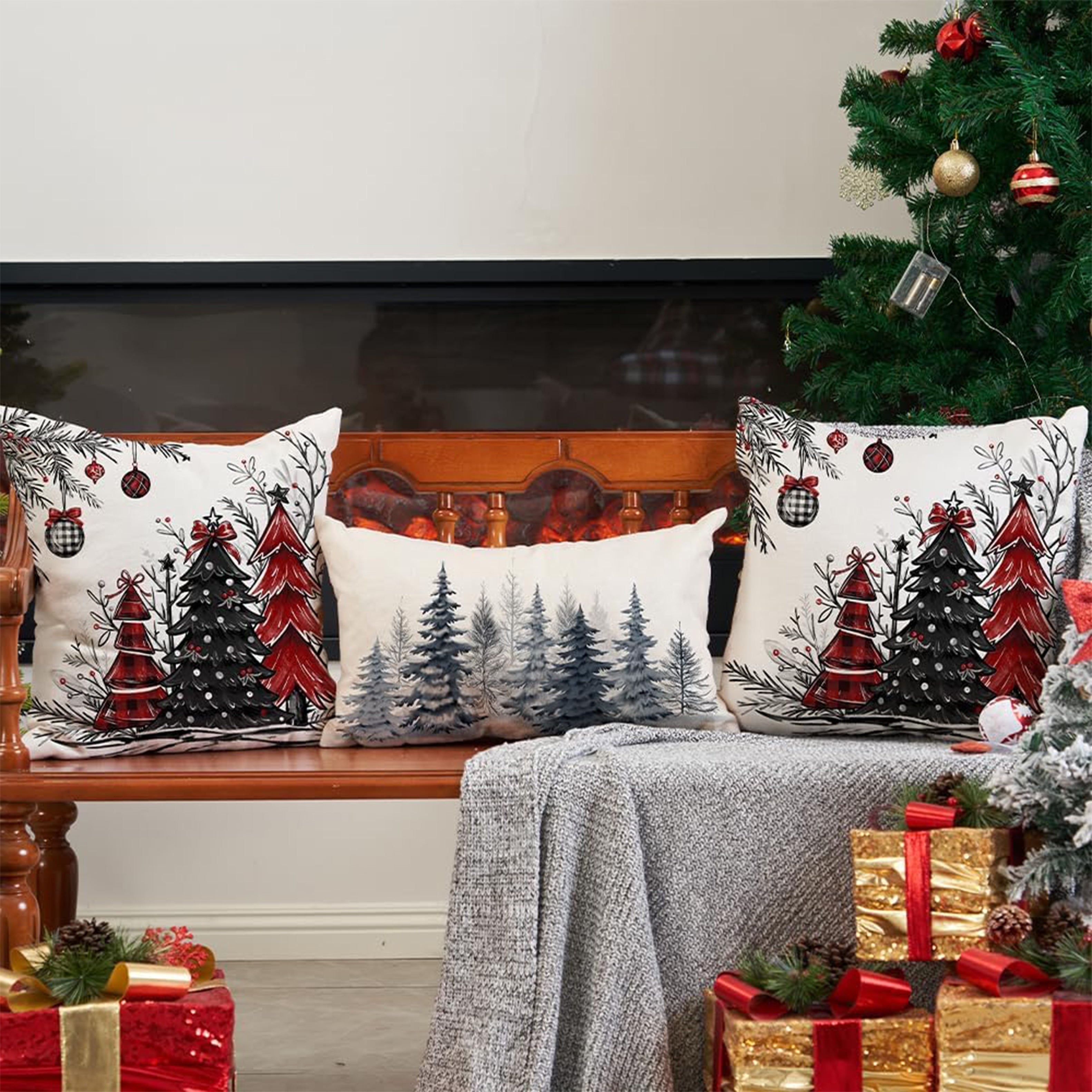 Festive Christmas Pillow Covers Set Red Black Trees Linen Blend 16x16 18x18 20x20