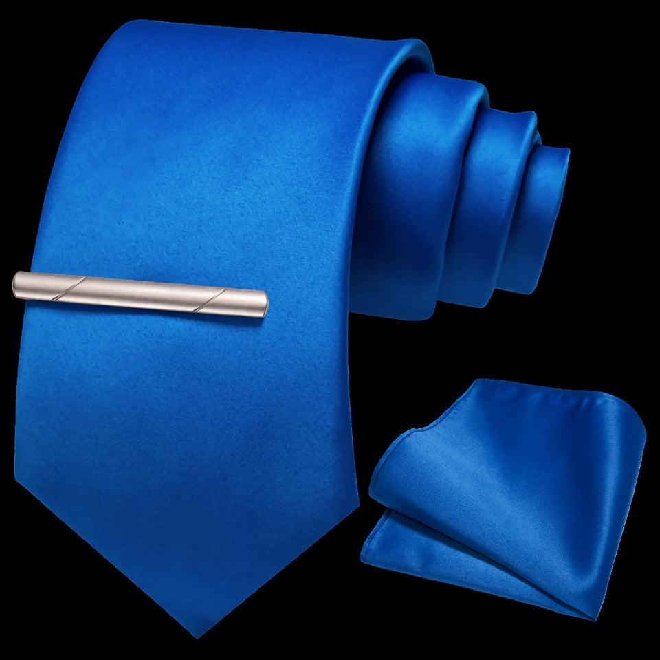 Erkaklar uchun bir rangli ipak aksessuarlar to'plami, galstuk, cho'ntak sharf, sochiq, galstuk klipi, rasmiy kiyimlar va sovg'alar uchun