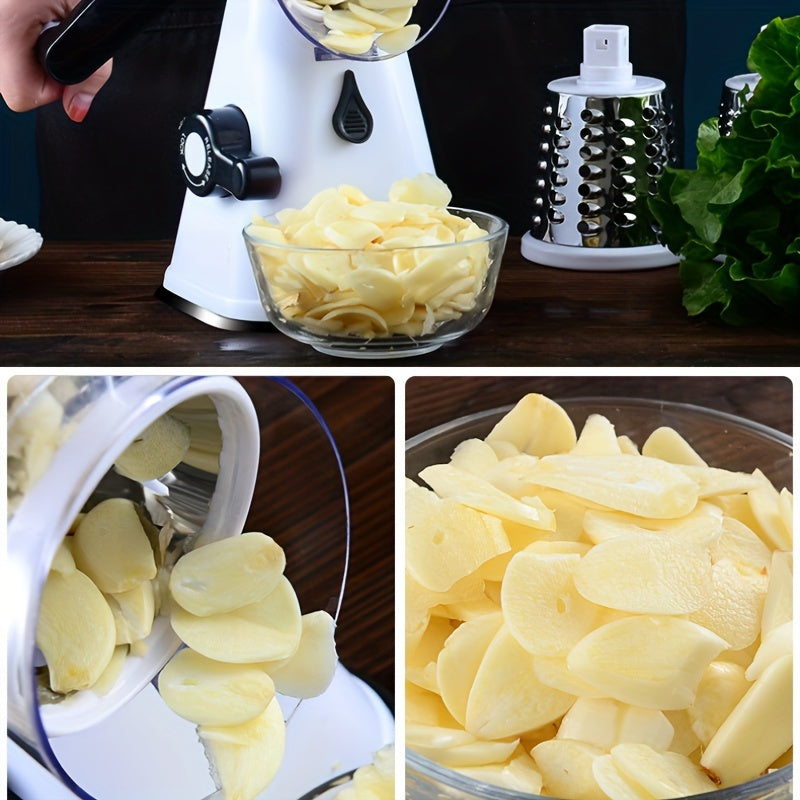 Rallador de queso de mano con mango de seguridad y base de succión fuerte, 3 cuchillas de acero inoxidable para rallar nueces, zanahorias, frutas y patatas