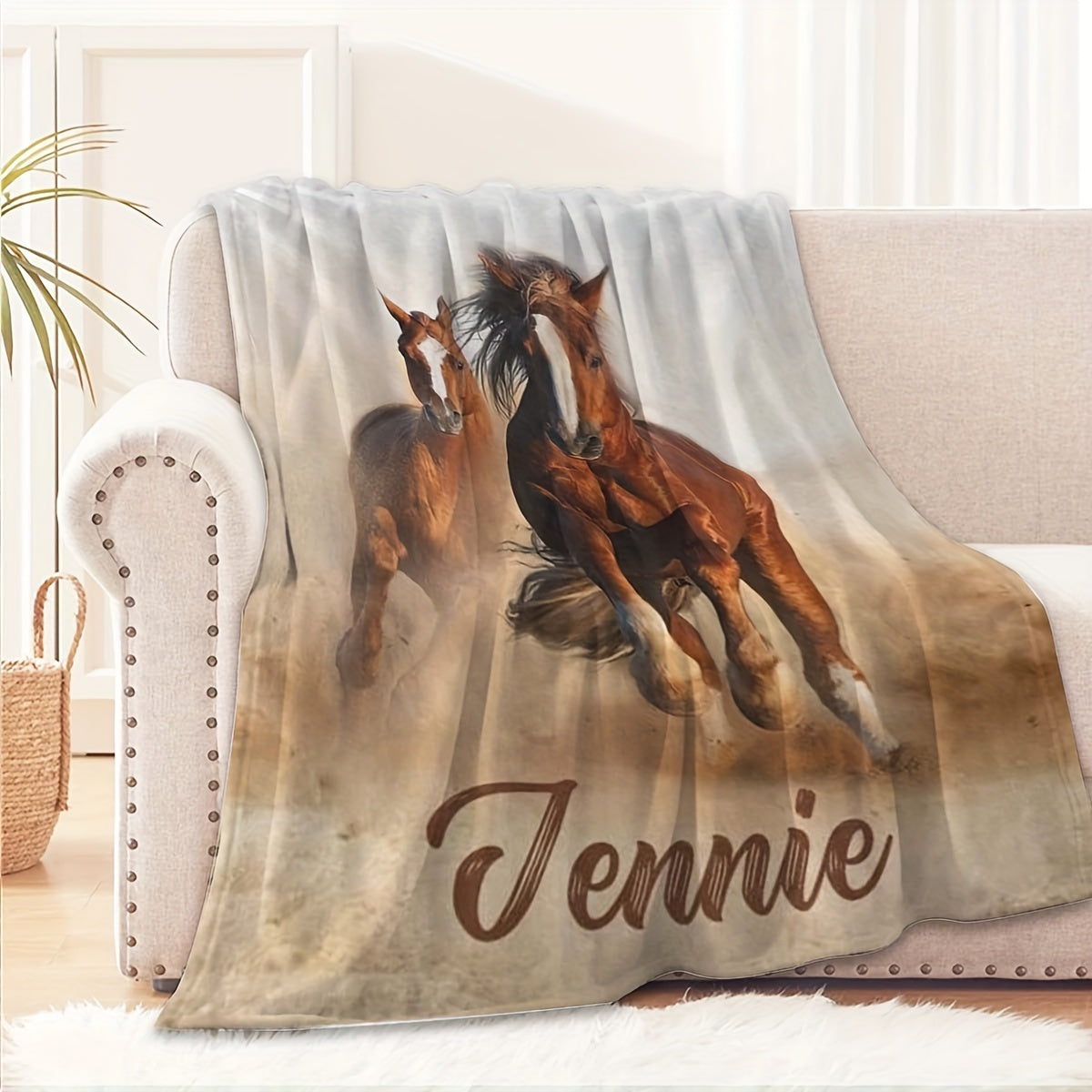 Personalized Horse Design Blanket with Custom Name for Sofa Bed Travel Office Hypoallergenic Knit Polyester