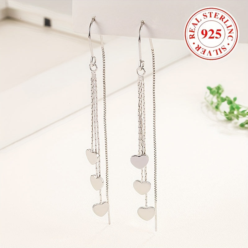 Sterling Silver Heart Chain Tassel Dangle Earrings for Women