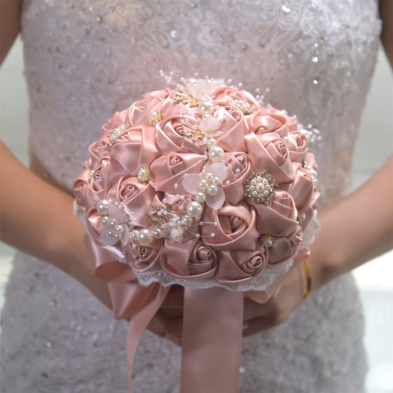 Satin Rose Wedding Bouquet Handcrafted Bridal Wrist Corsage Blue White for Bridesmaids and Events