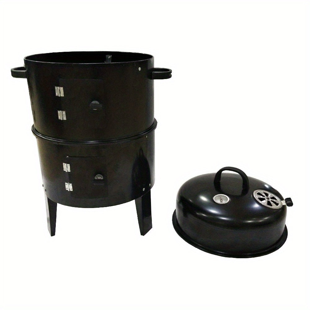 Portable outdoor BBQ grill and smoker with foldable design, integrated smoker box, ideal for camping and tailgating, insulated structure