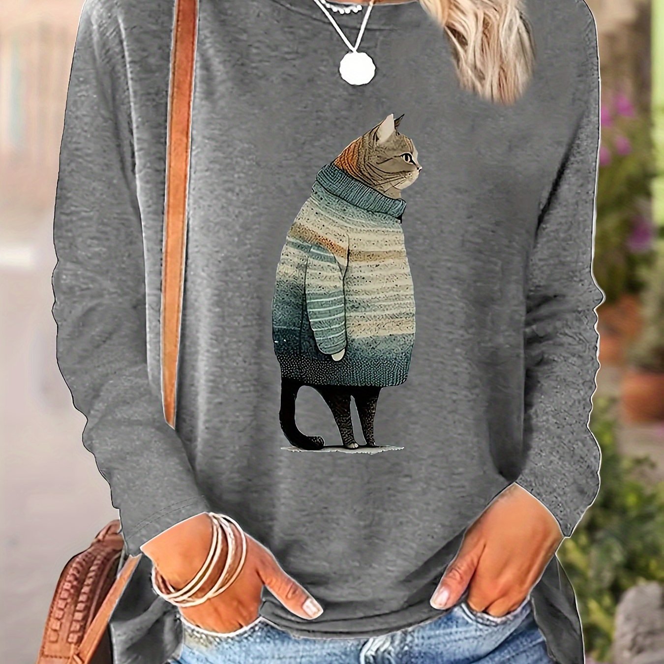 Women's Long Sleeve T-Shirt with Geometric Cat Print Casual Top