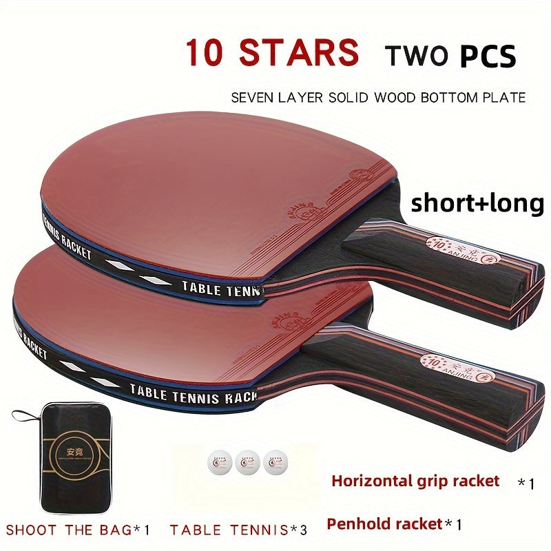 Single Pack of 10 Professional-Grade Red Carbon Rubber Table Tennis Rackets with 3 Balls