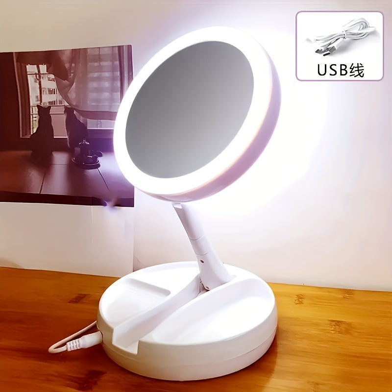 Espejo de maquillaje LED portátil con almacenamiento, doble cara, aumento de 1X y 10X, espejo de mesa plegable con luz