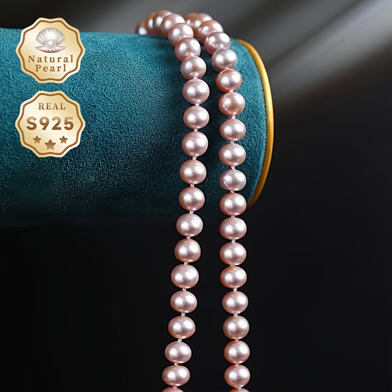 Women's Freshwater Pearl Necklace with June Birthstone 7-7.5mm Purple Natural Pearls Silver Clasp