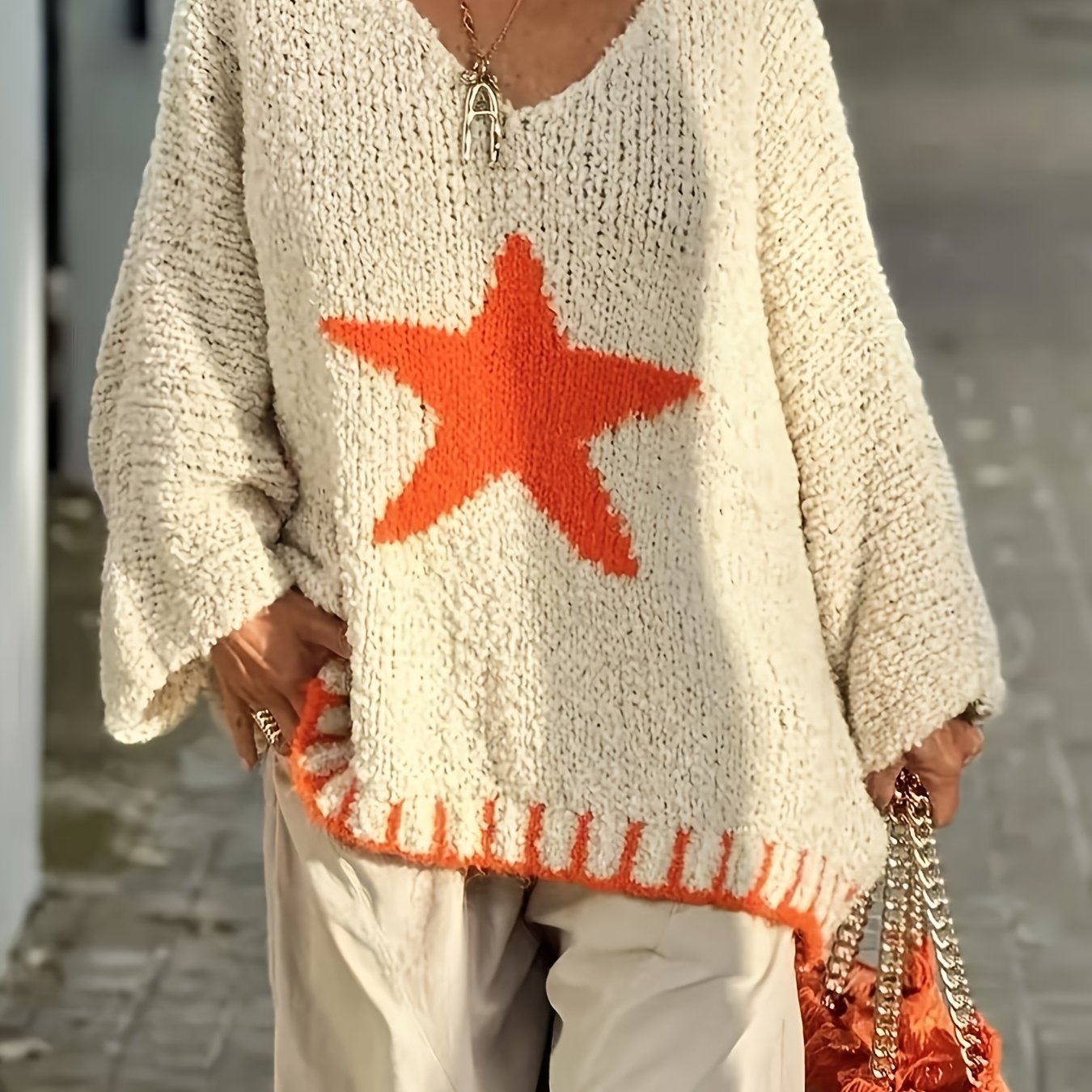 Plus Size Women's V-Neck Sweater in White with Red Star Casual Pullover