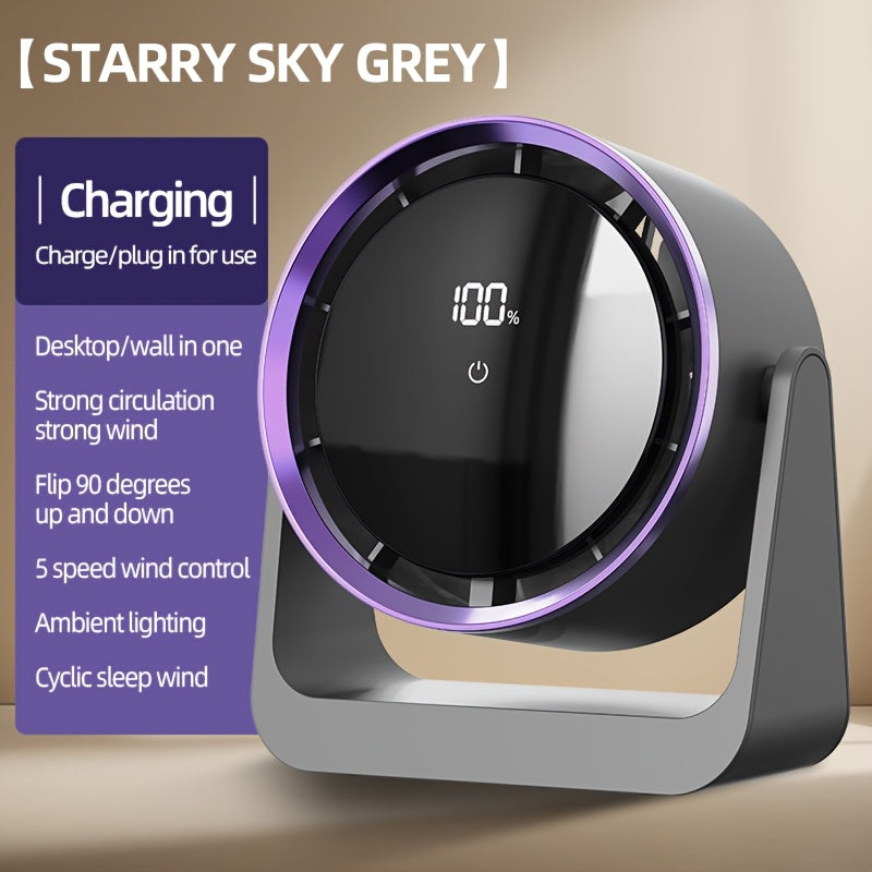 Portable LED fan with touch screen control 5-speed adjustable digital display USB rechargeable compact design indoor outdoor use