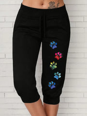 Plus Size Women's Capris With Paw Print Pattern Elastic Waist Spring Summer