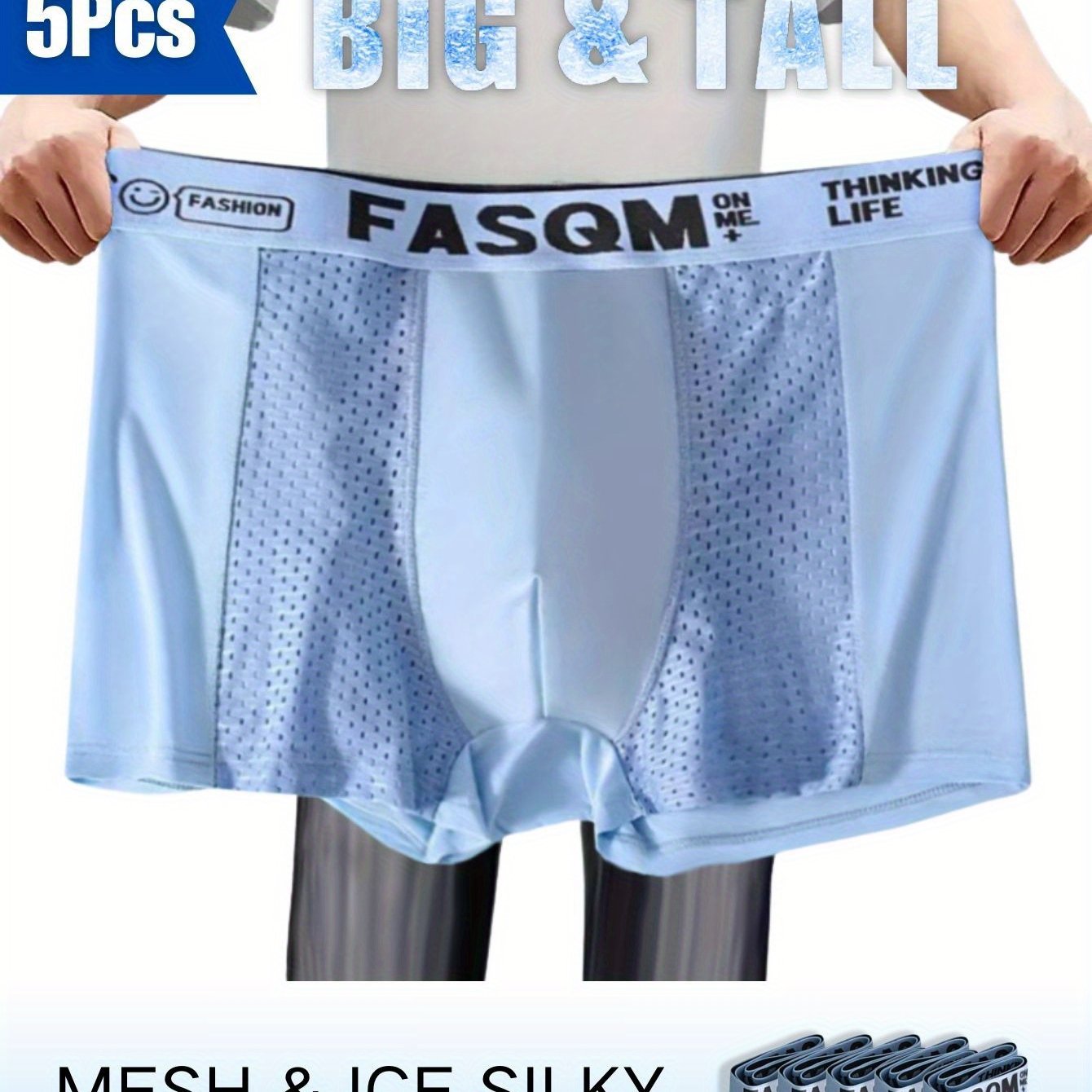Plus Size Breathable Mesh Boxer Briefs 5-Pack with Solid Colors and Contrast Mesh Details