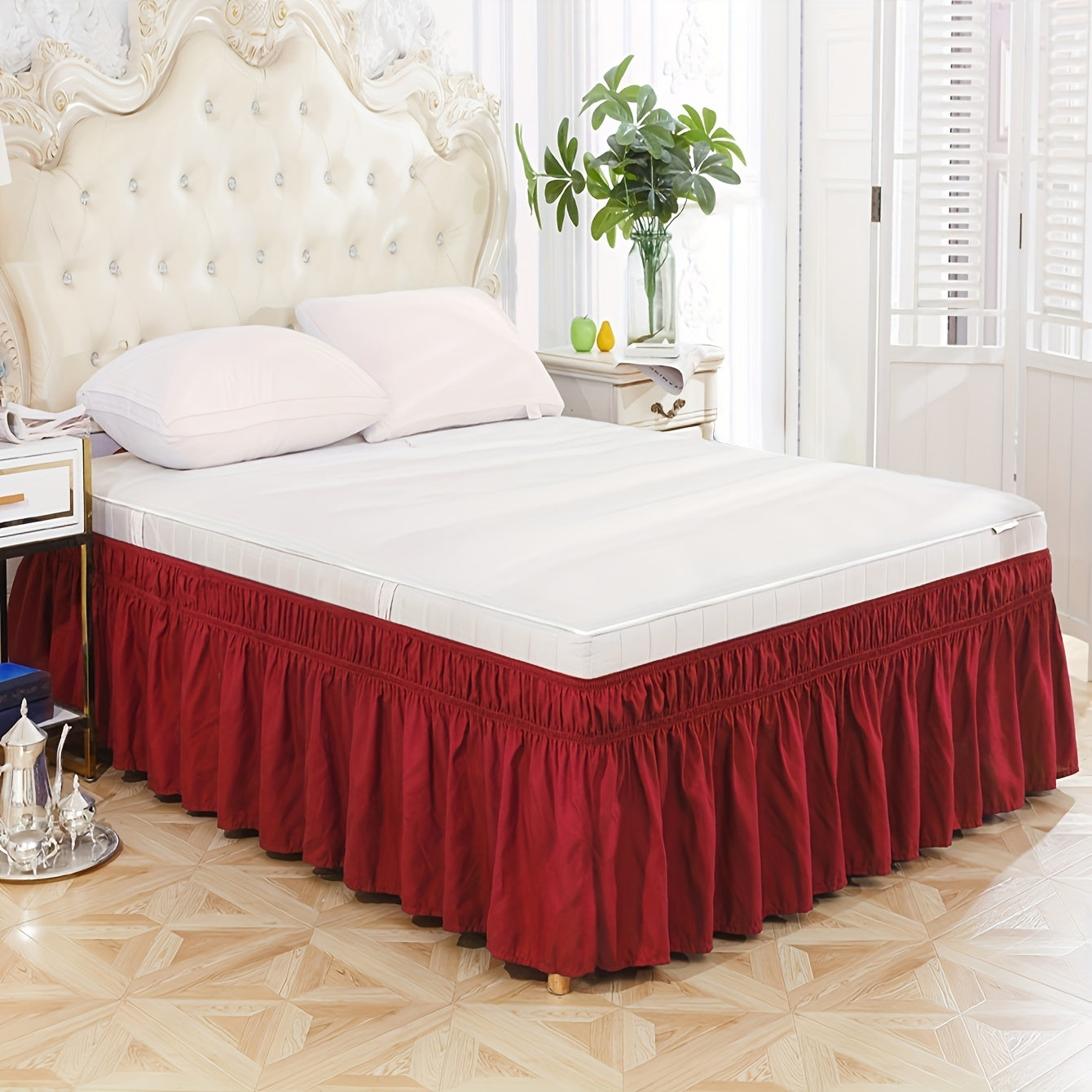 Elastic Bed Skirt in Pure Color Soft Bedding with Lotus Leaf Edge Design for Bedroom or Guest Room