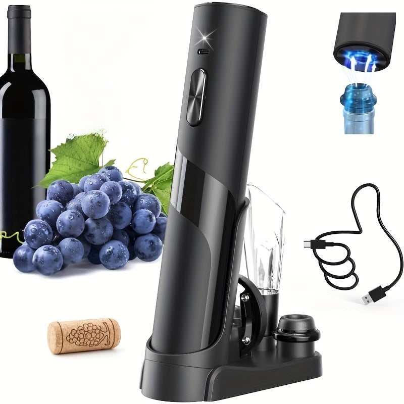 Electric wine opener set with rechargeable corkscrew, charging base, foil cutter, pourer, and stopper for parties and events