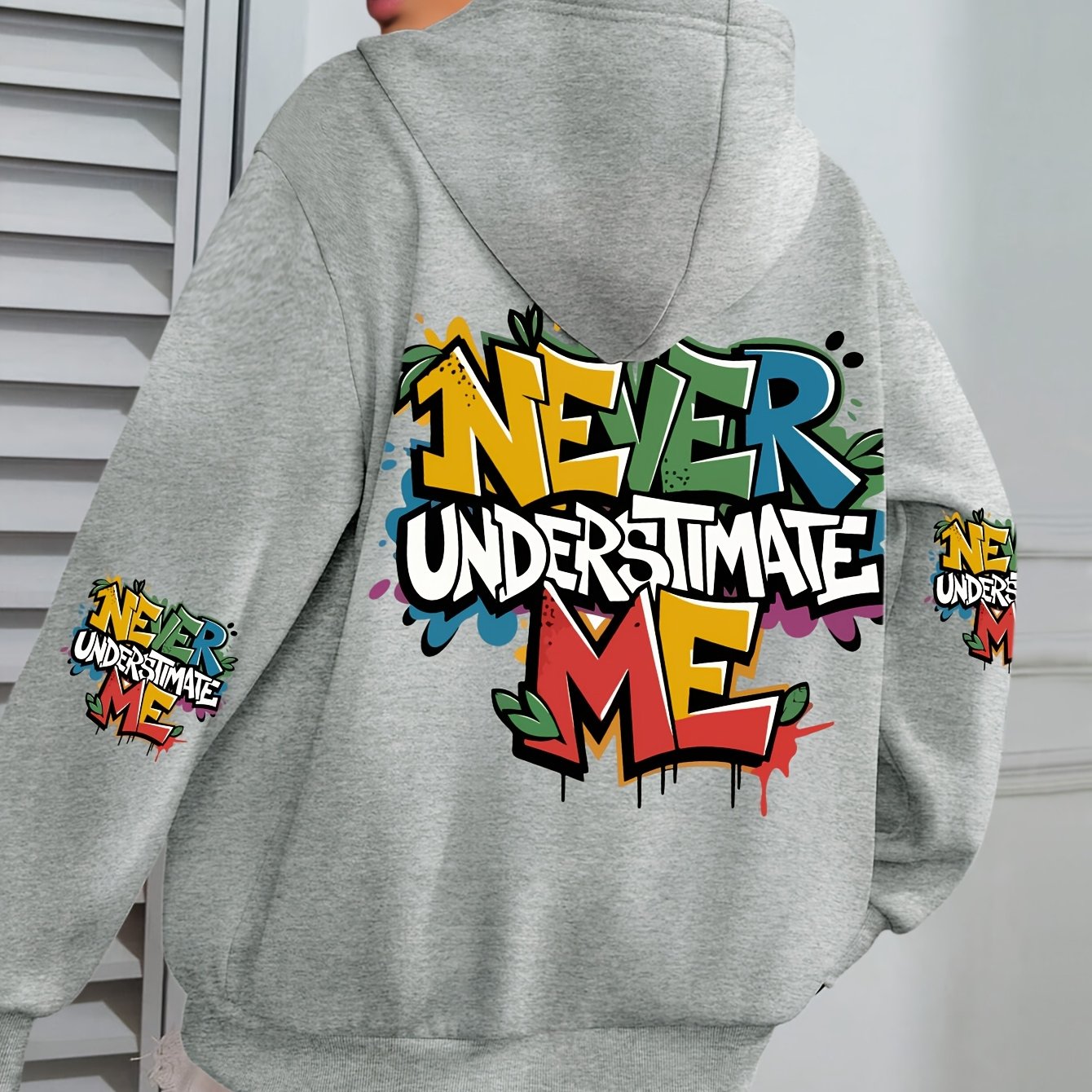 Plus Size Women’s Hoodie Fleece-Lined Graffiti Print Green Fall Winter
