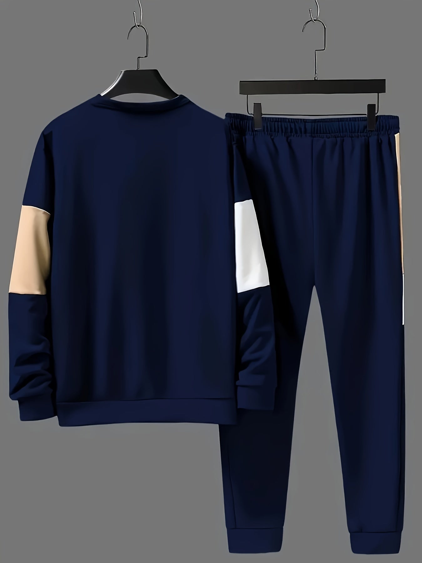 Men's Casual Outfit with Color Block Sweatshirt and Drawstring Pants Polyester Knit
