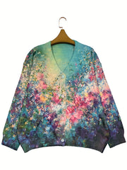 Plus Size Women's V-Neck Cardigan Long Sleeve Abstract Print Sweater