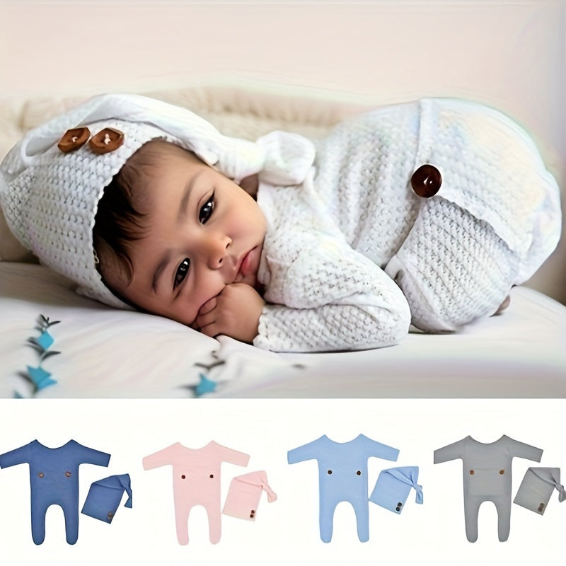 Newborn Baby Boy Clothes Set Long Sleeve Knitted Romper Beanie Photography Props