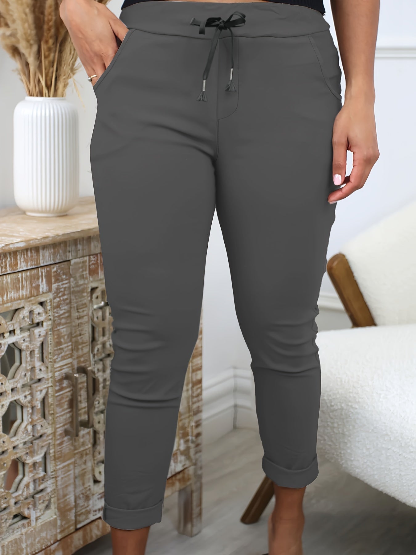 Pantalones jogger para mujer de color sólido, de poliéster elástico, con cordón en la cintura, para todas las estaciones