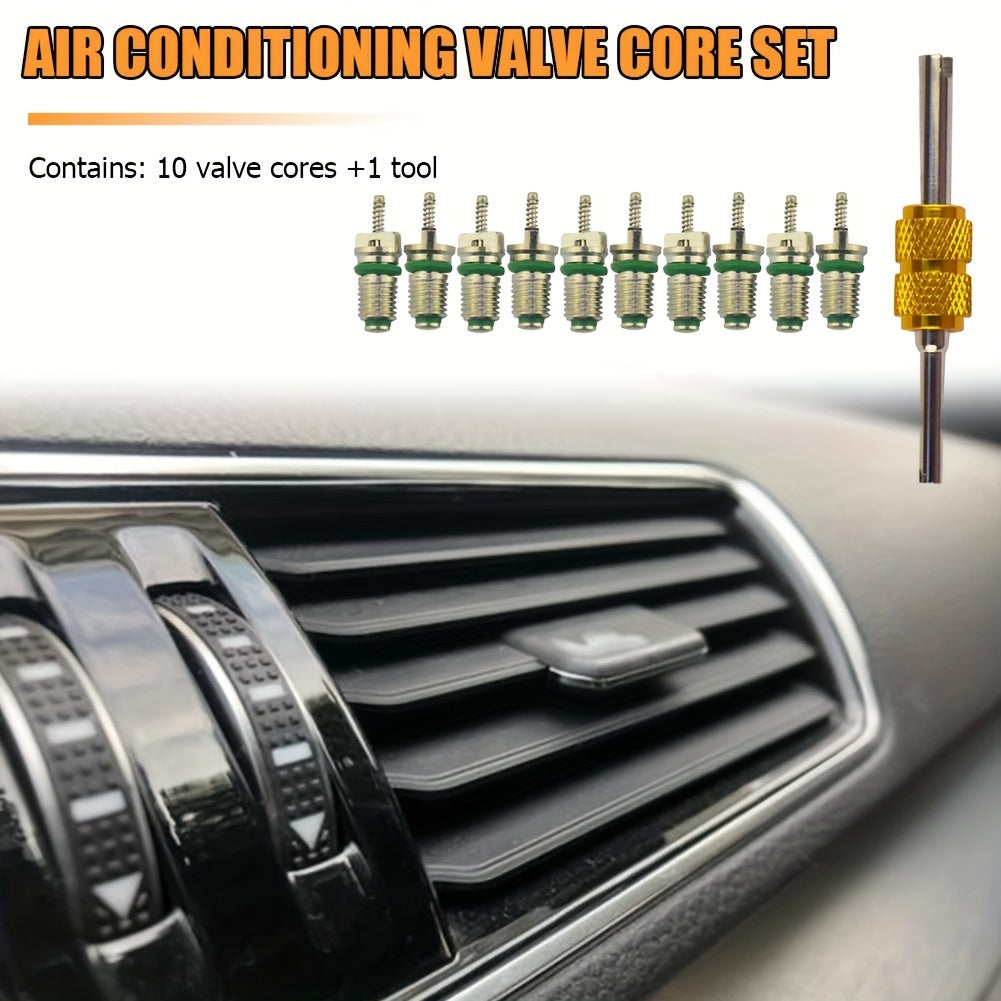 Automotive Air Conditioner Maintenance Kit with 10 Brass Green Valve Cores