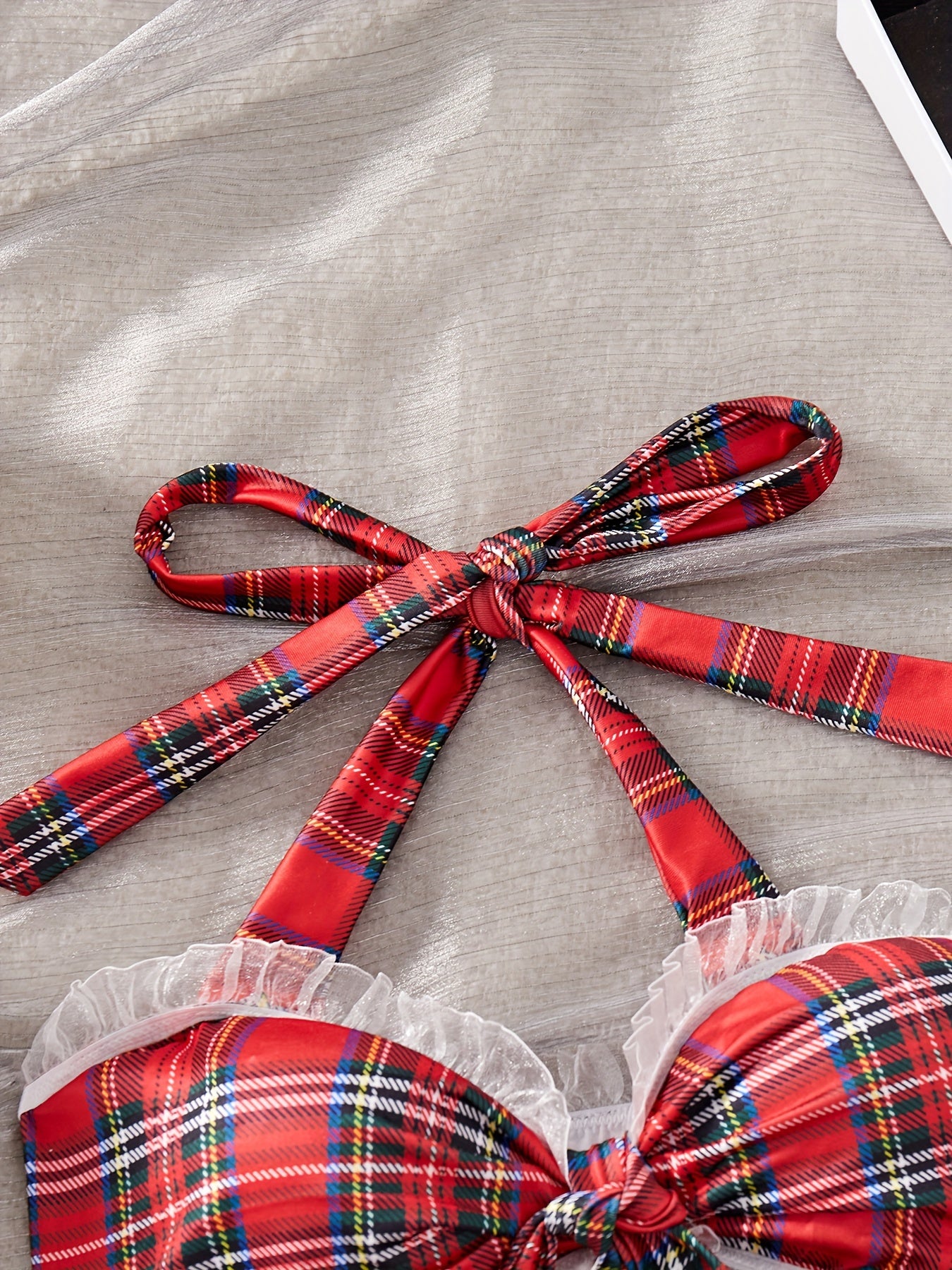 Women's Floral Plaid Halter Neck Lingerie Set with Tie Details