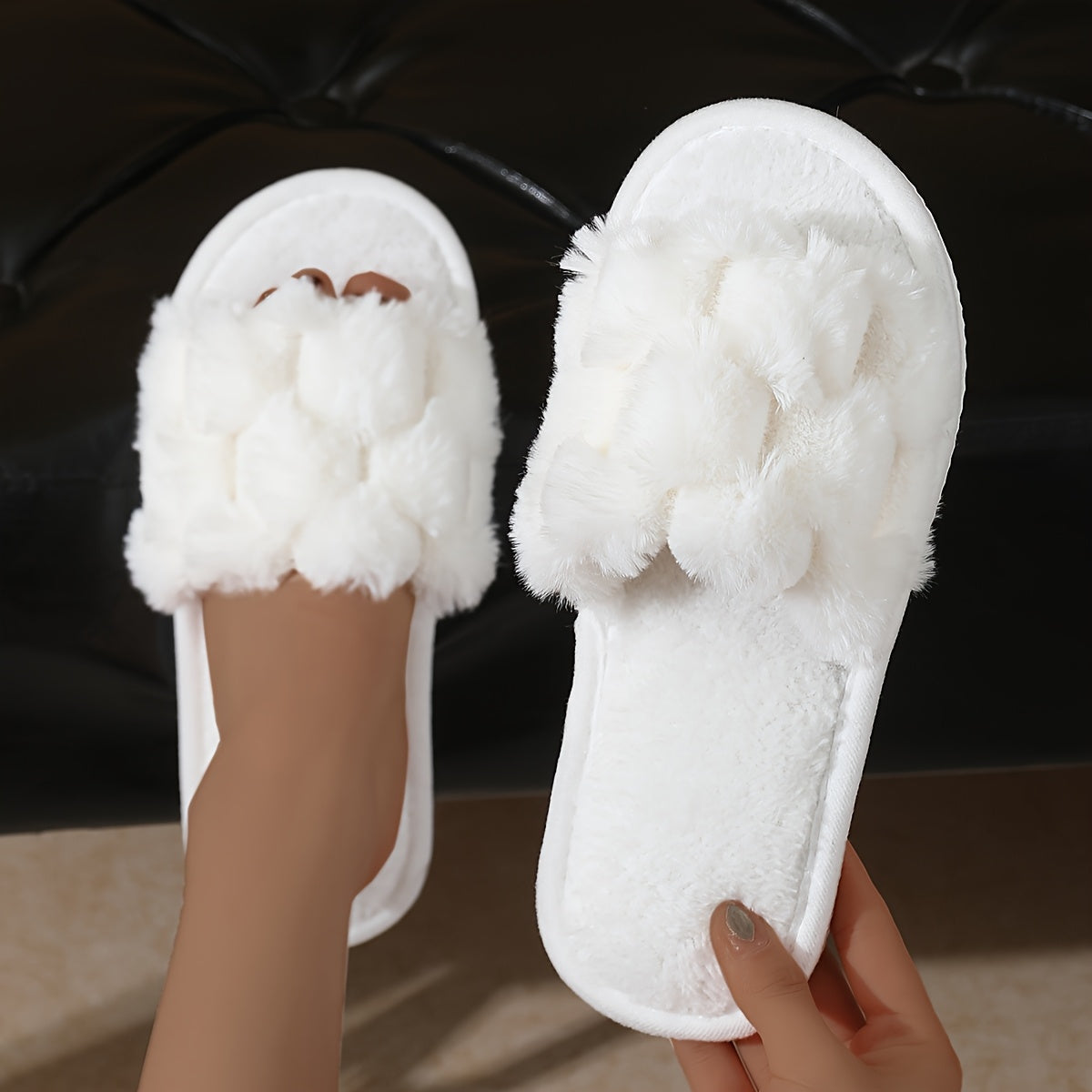 Women's Plush Open-Toe Indoor Slippers Non-Slip Comfortable Breathable