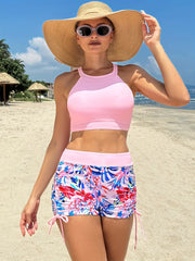 Conjunto de bañador floral de cintura alta para mujer con top de anillo y pantalones cortos con cordón