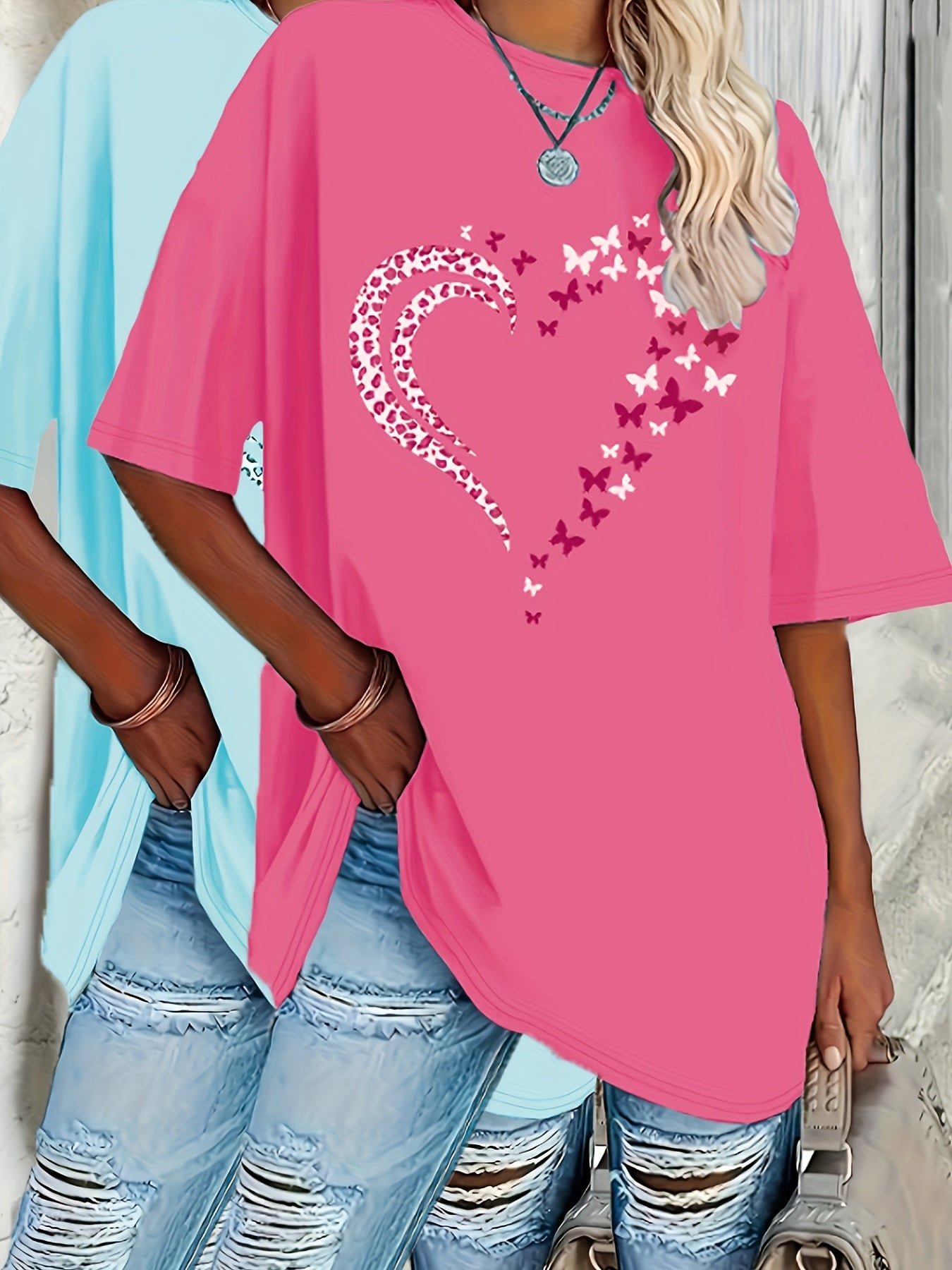 Women's Oversized Short Sleeve T-Shirts Set Heart Print Spring Summer Loose Fit