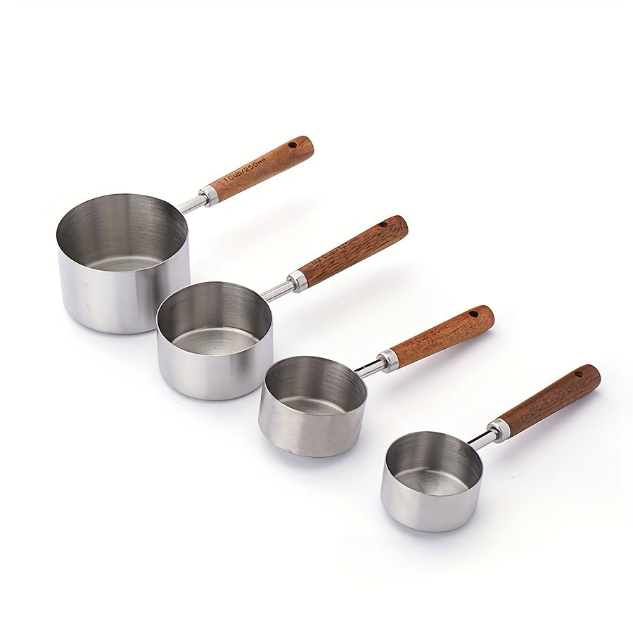 Set of 4 Stainless Steel Measuring Cups and Spoons with Wooden Handles