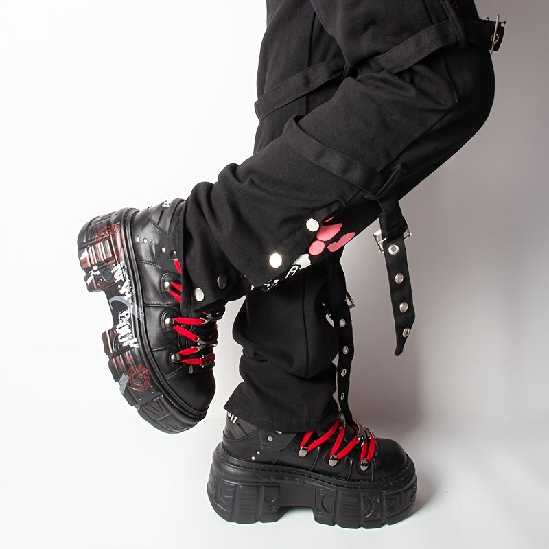 Women's Punk Y2K Gothic Ankle Boots Black Red Lace-Up Platform Toe