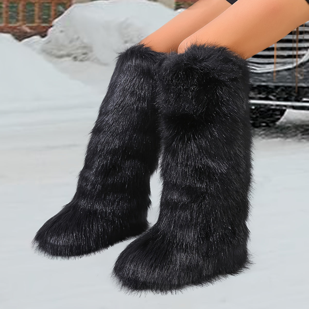 Women's Faux Fur Over-the-Knee Boots Winter Warm Fleece-Lined Black