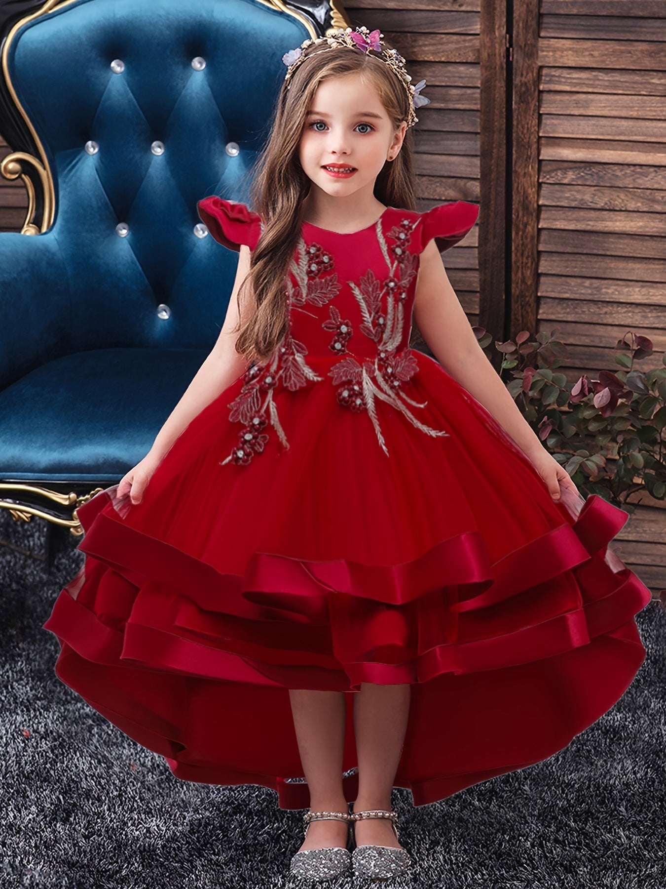 Girls Mesh Flower Embroidered Princess Dress with Fly Sleeve for Party