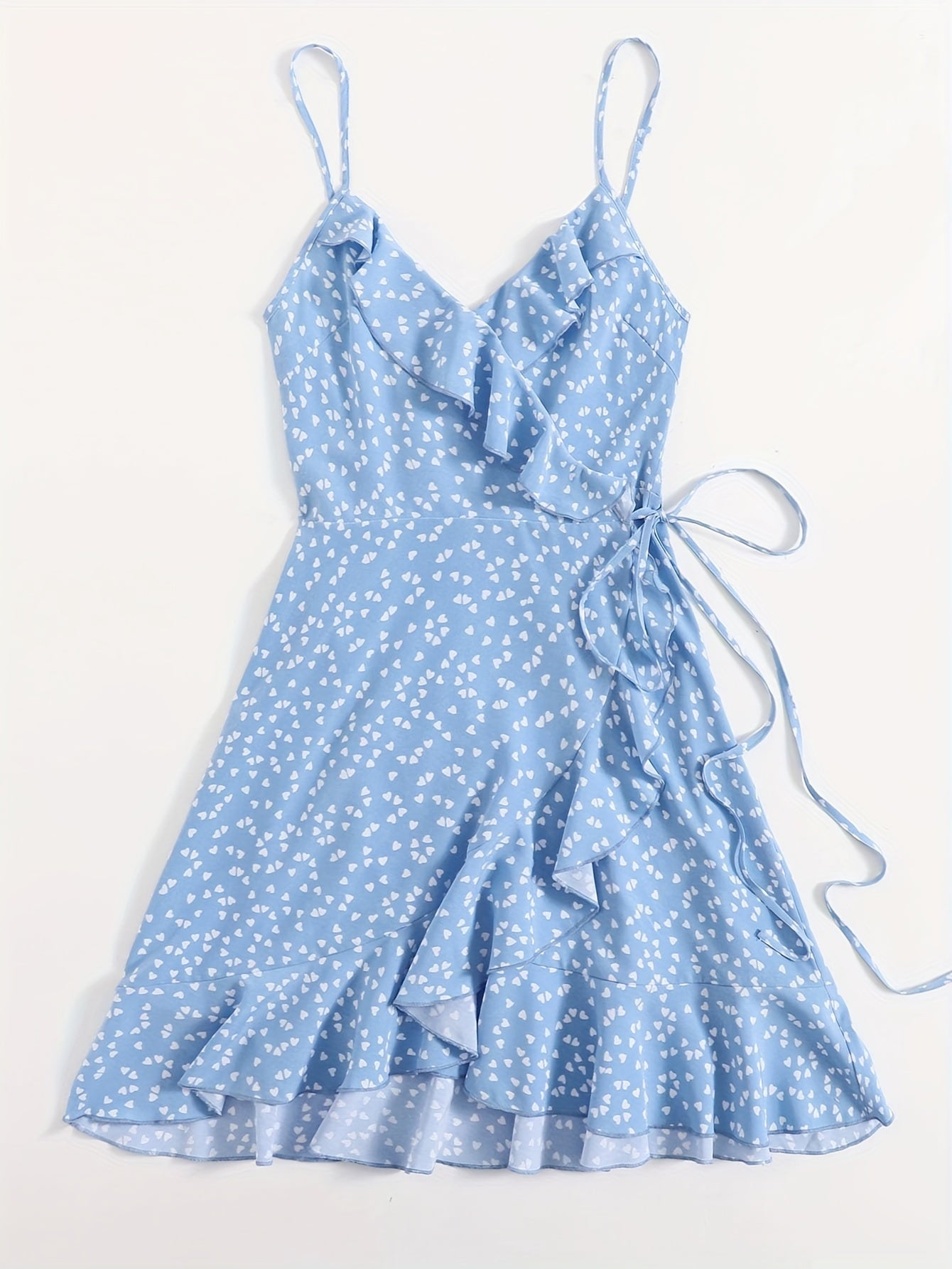 Women's Heart Print Ruffle Cami Dress with Lace-Up Detail Summer Sleeveless V-Neck