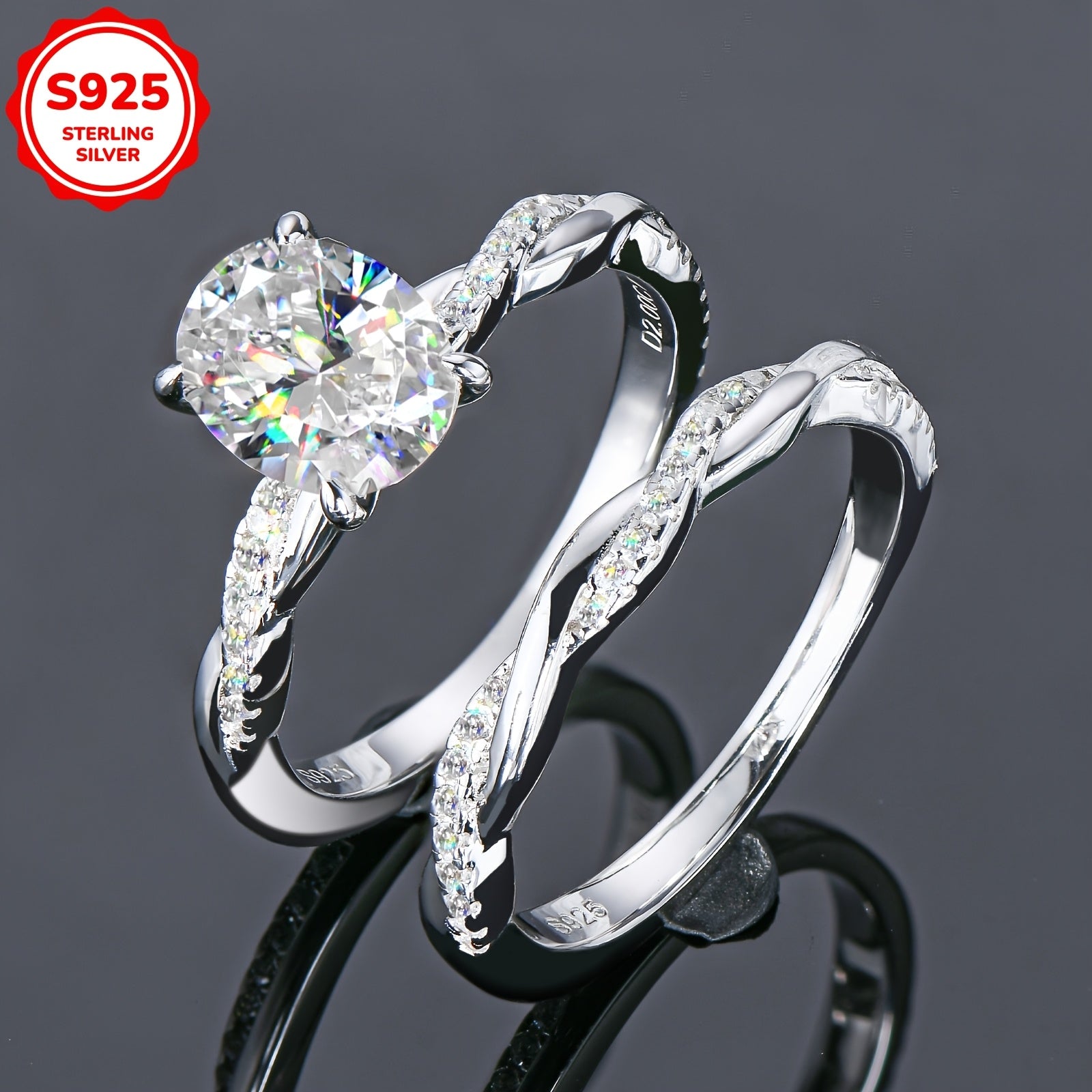 Women's Silver Engagement and Wedding Rings Set with Moissanite Oval 7x9mm 2 Carat