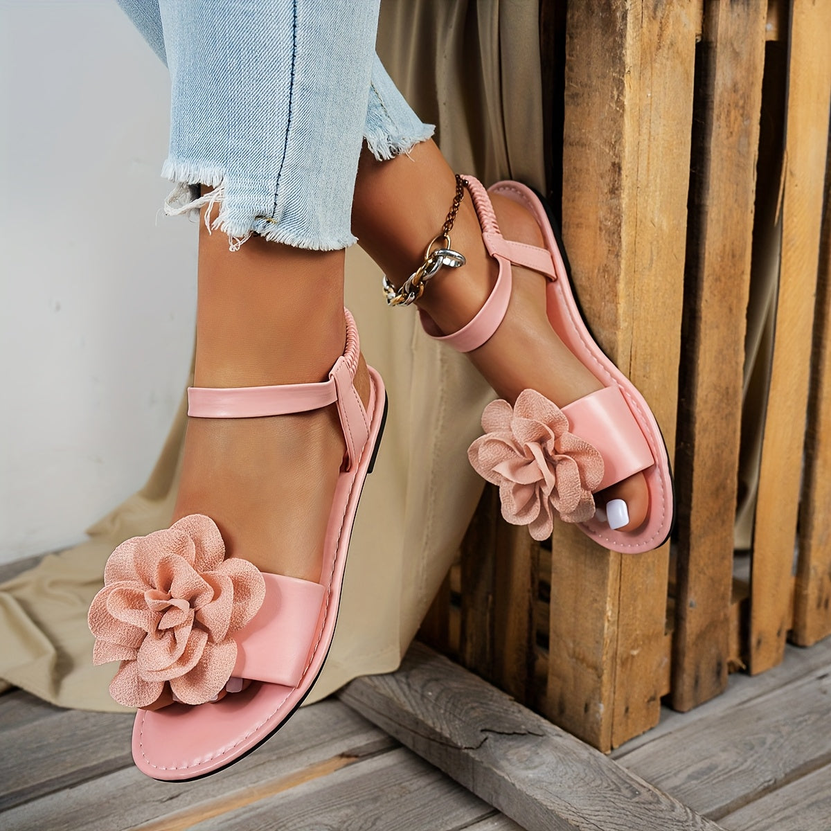 Women's Fashion Flat Strappy Sandals with Peony Flower Bohemian Beach Wear
