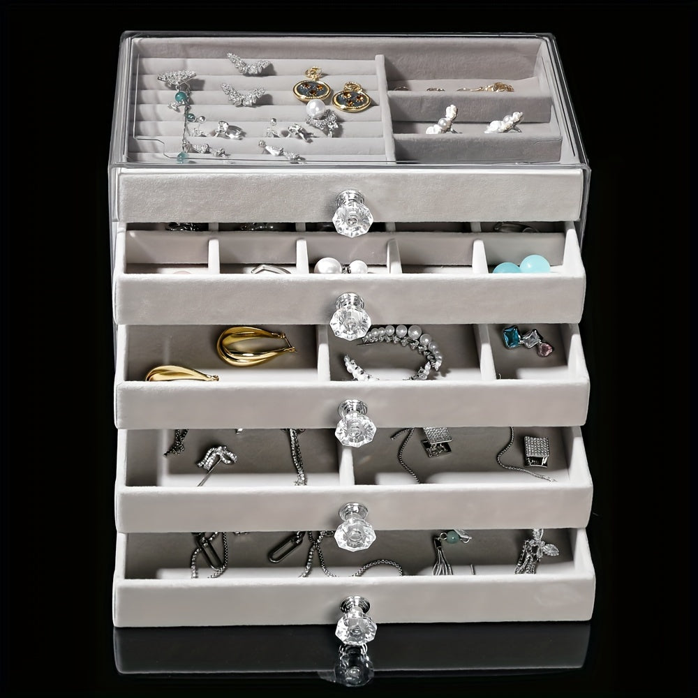 Caja de joyería de cinco capas con cajones para anillos, pendientes, pulseras y relojes. Almacenamiento de plástico con interior de tela