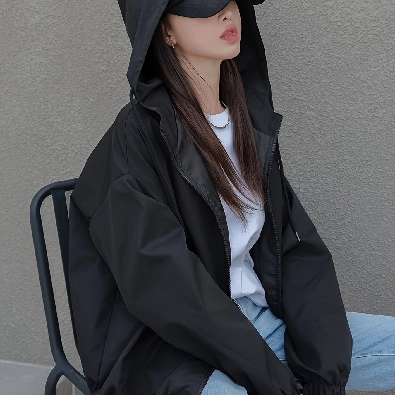 Hooded Drop Shoulder Drawstring Jacket for Women Polyester Casual Spring Fall