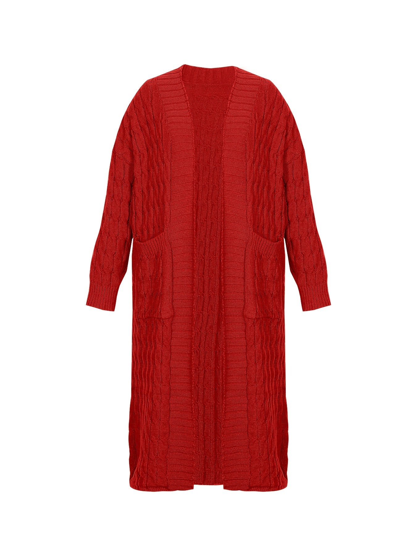 Plus Size Open Front Cardigan with Pockets Long Sleeves Women's Casual Winter Knit Polyester