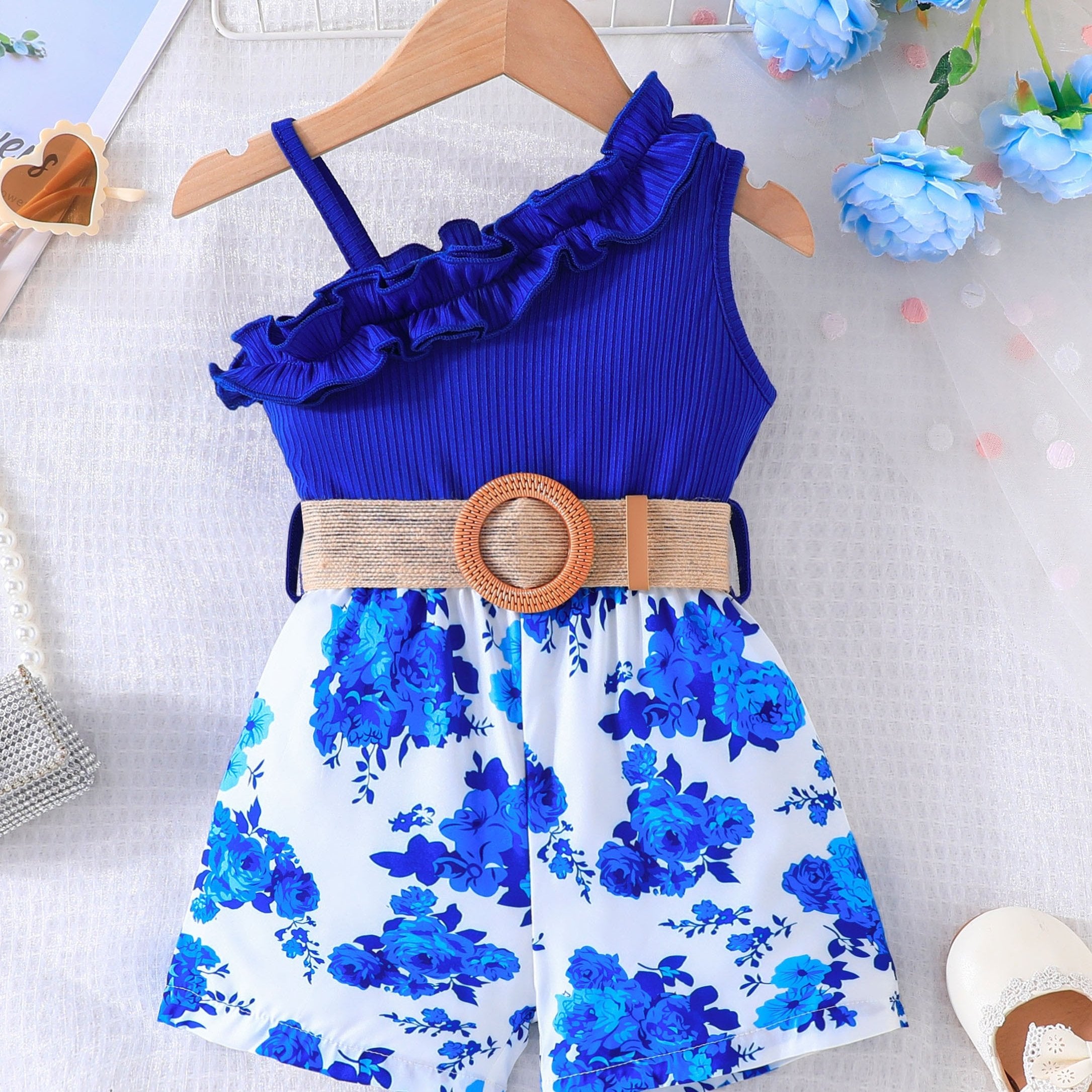 Girls Floral Print Sleeveless Romper with Belt for Spring Summer Outdoor Wear