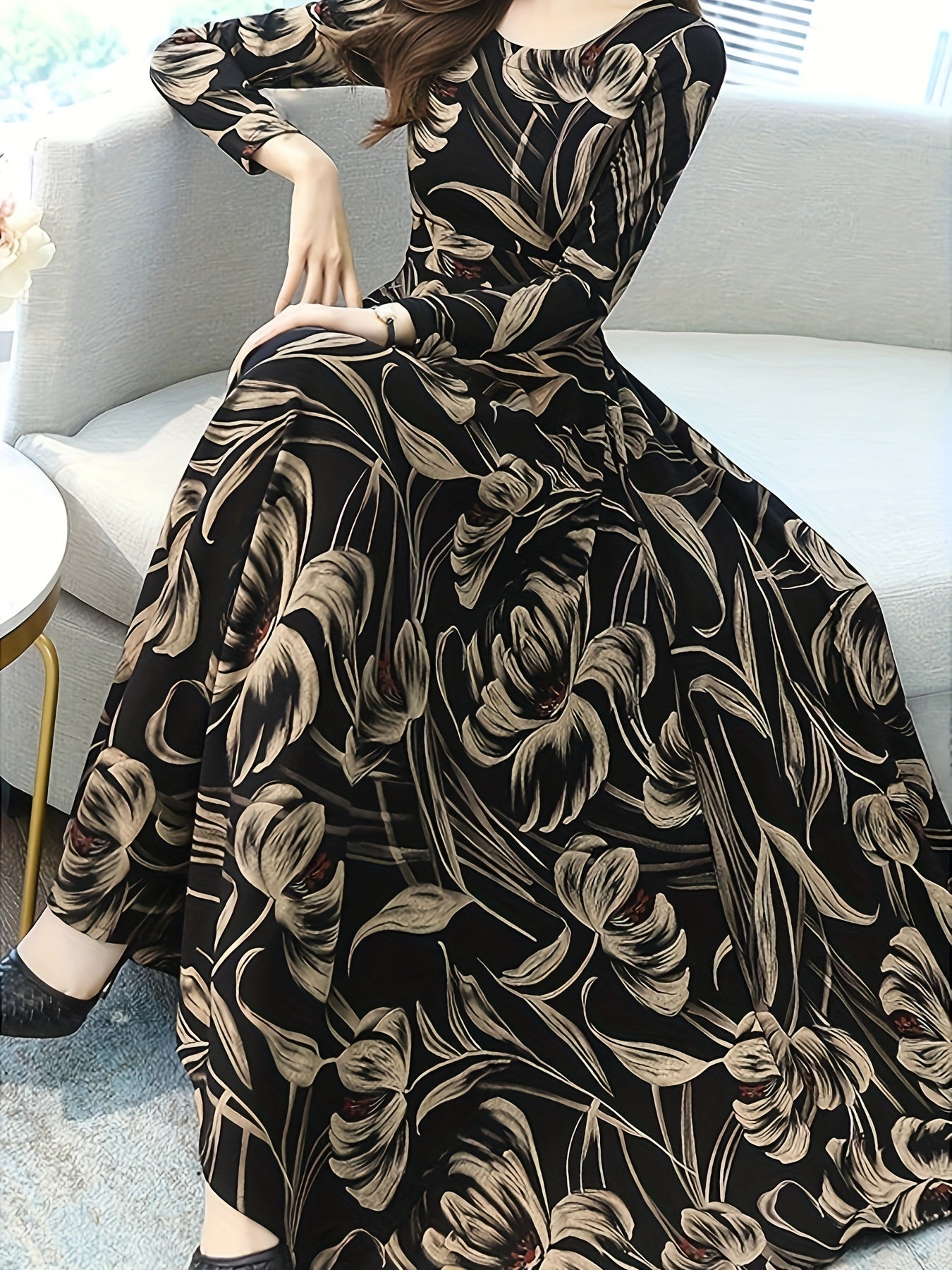 Vestido floral de manga larga con bolsillos y cintura adelgazante para primavera y verano