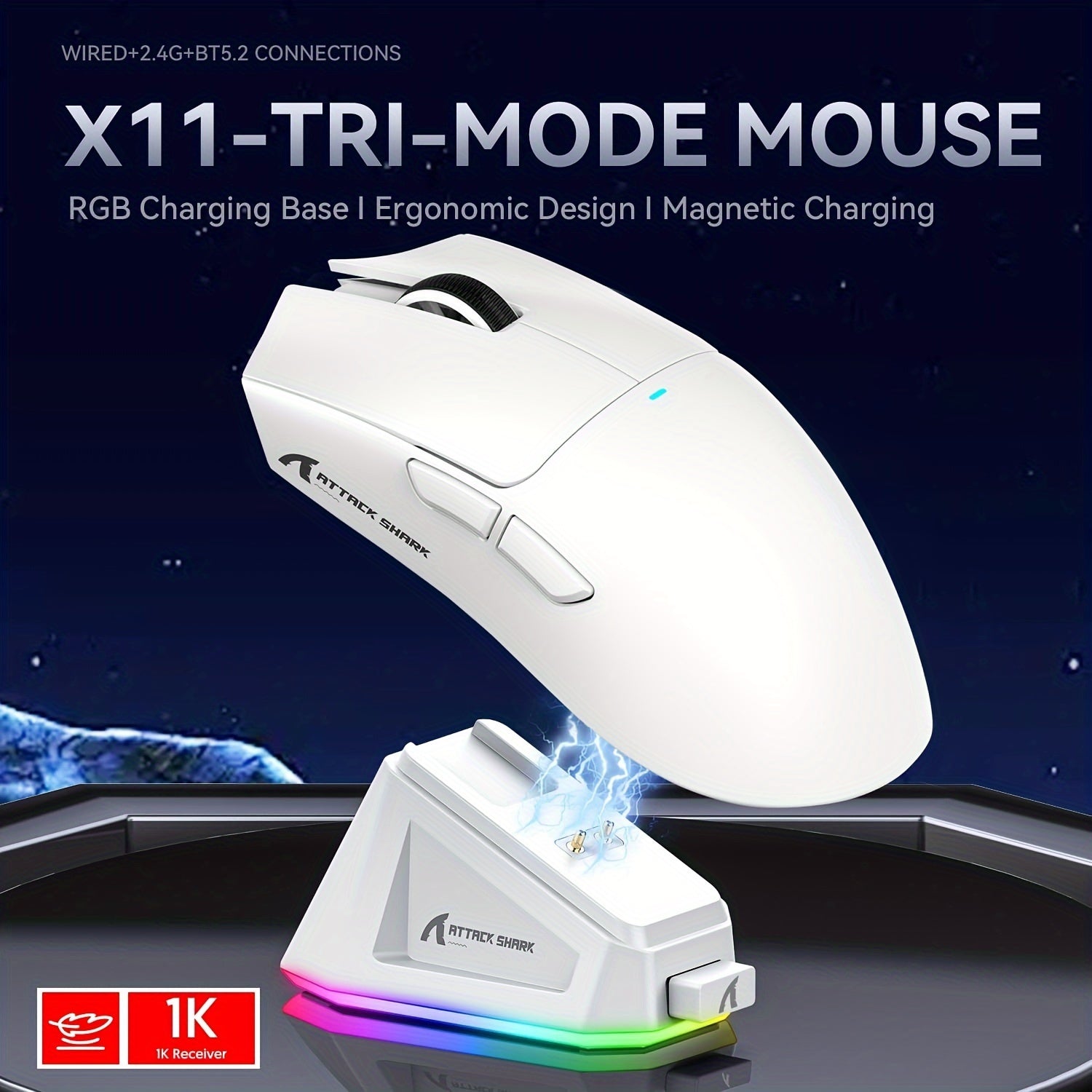 Gaming Mouse Wireless Wired with Magnetic Charging Dock PixArt PAW3311 Optical Sensor for PC Xbox PS Mac