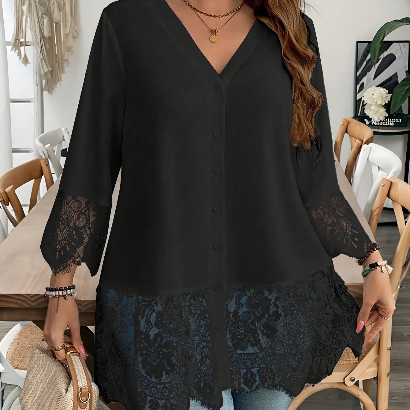 Camiseta de encaje para mujer talla grande con manga larga y contraste