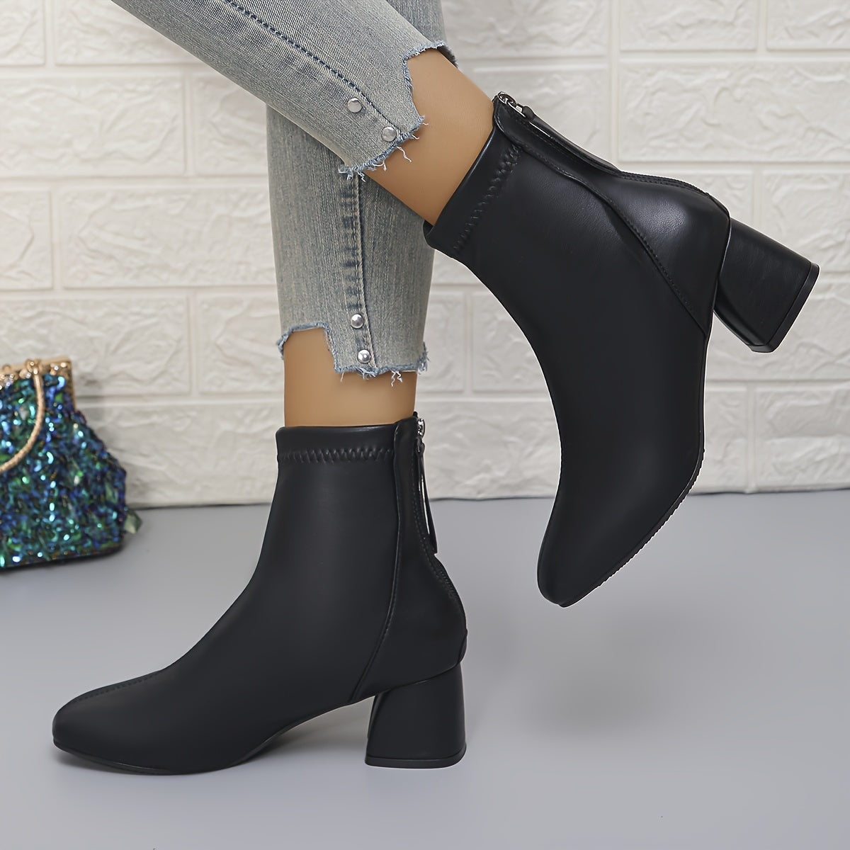 Women's Chunky Heel Ankle Boots Solid Color Back Zipper Rubber PU