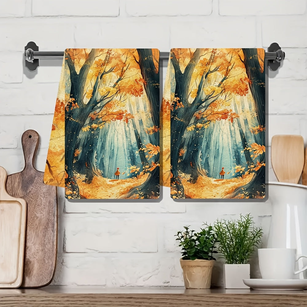 Set of 2 Autumn Forest Kitchen Towels 40x60cm High Absorption Machine Washable