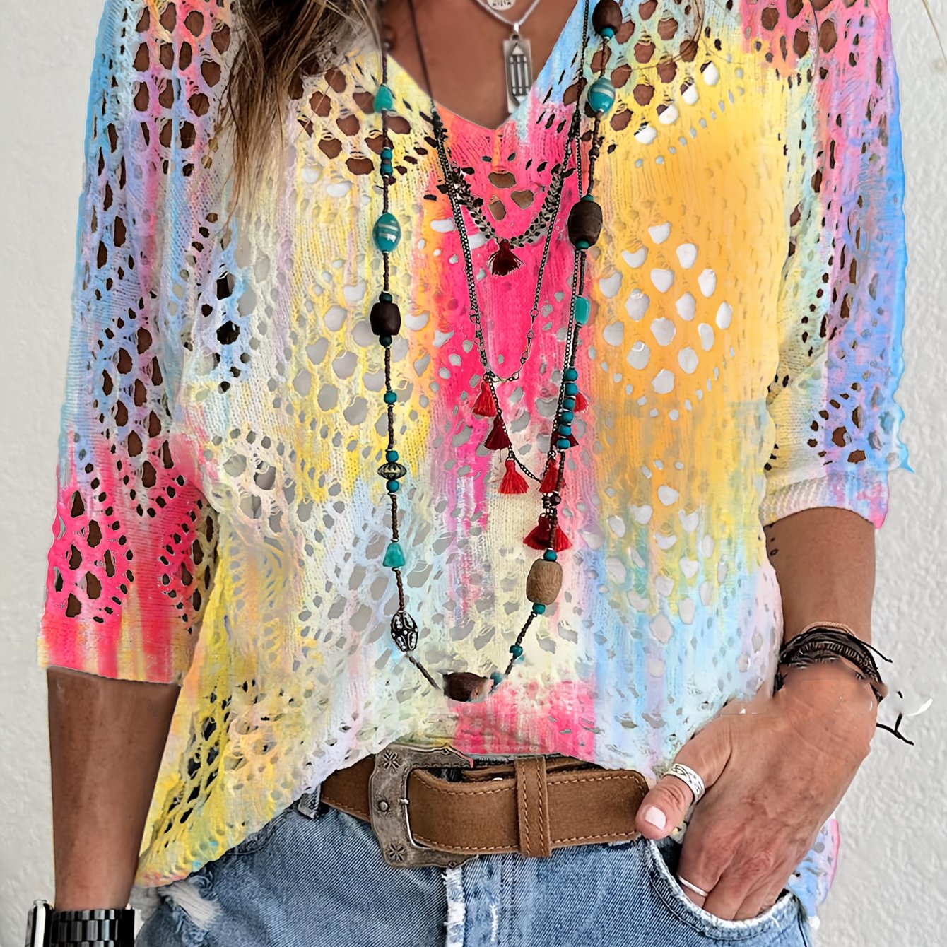 Cubierta bohemia para mujer con escote en V y mangas batwing con teñido tie-dye