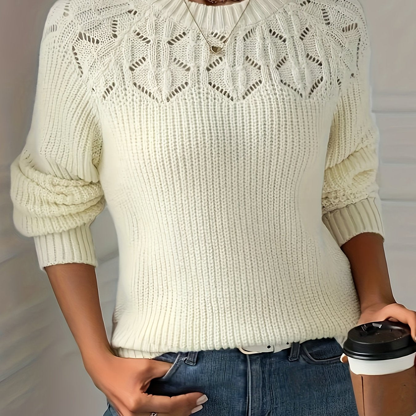 Ayollar uchun toqilgan uzun kofta, kuz qish, dumaloq bo'yin, qora