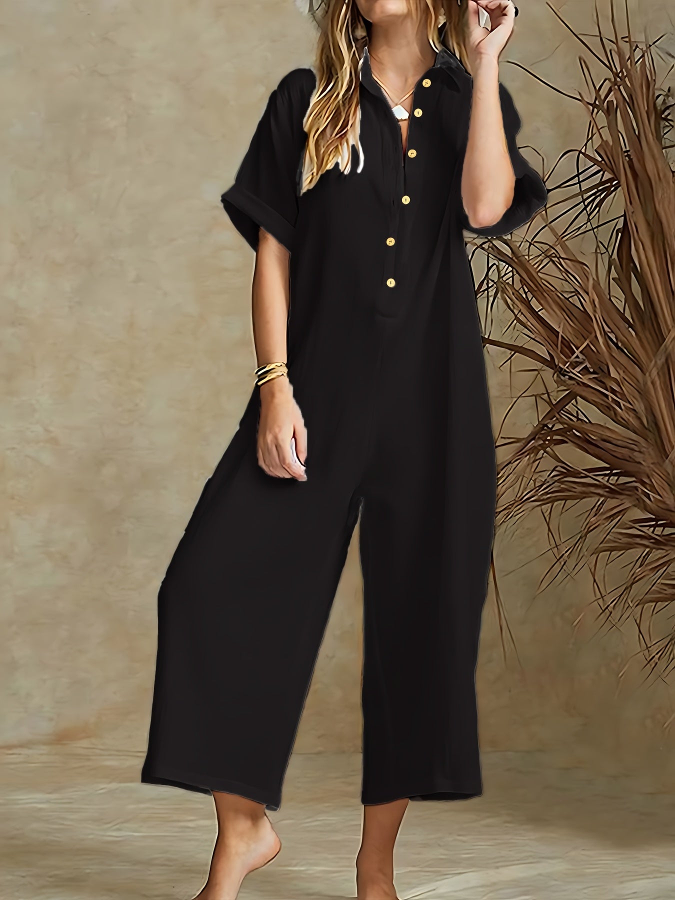 Plus Size Women's Red Jumpsuit with Button-Up Collar and Wide Legs